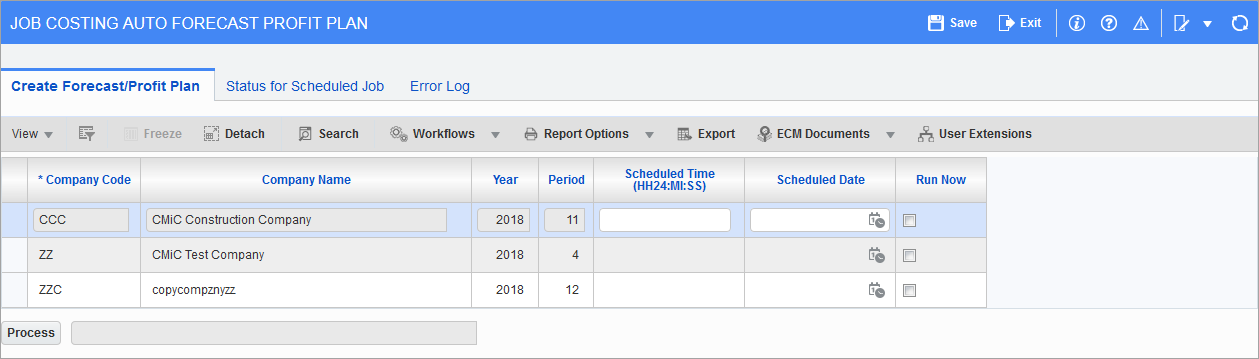 Sample of the Job Costing Auto Forecast Profit Plan screen