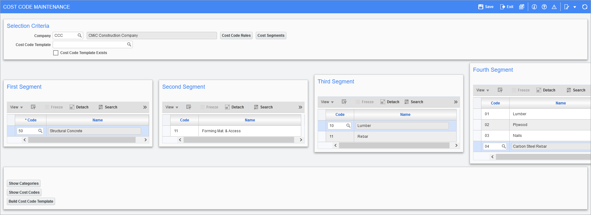 Sample of the Cost Code Maintenance screen