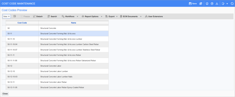 Sample of the Show Cost Codes pop-up window