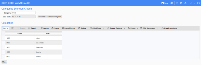 Sample of the Show Categories pop-up window