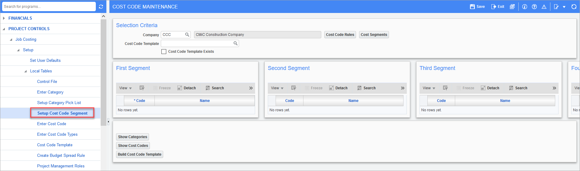 Sample of the Setup Cost Code Segment screen