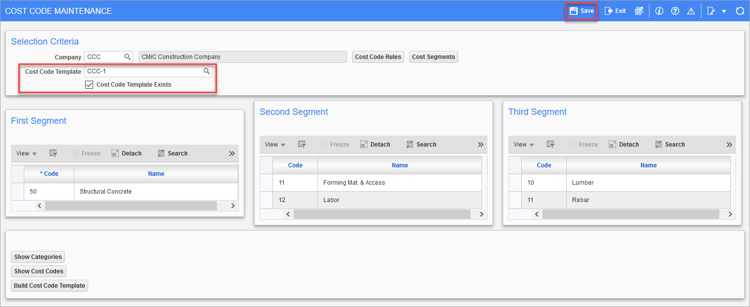 The Cost Code Template field on the Cost Code Maintenance screen