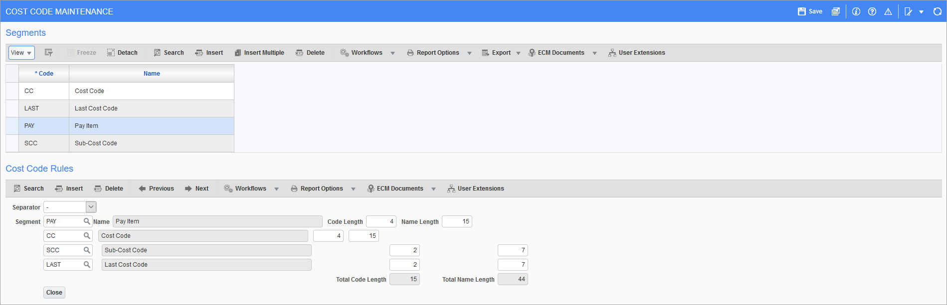 Sample of the Cost Code Rules pop-up window