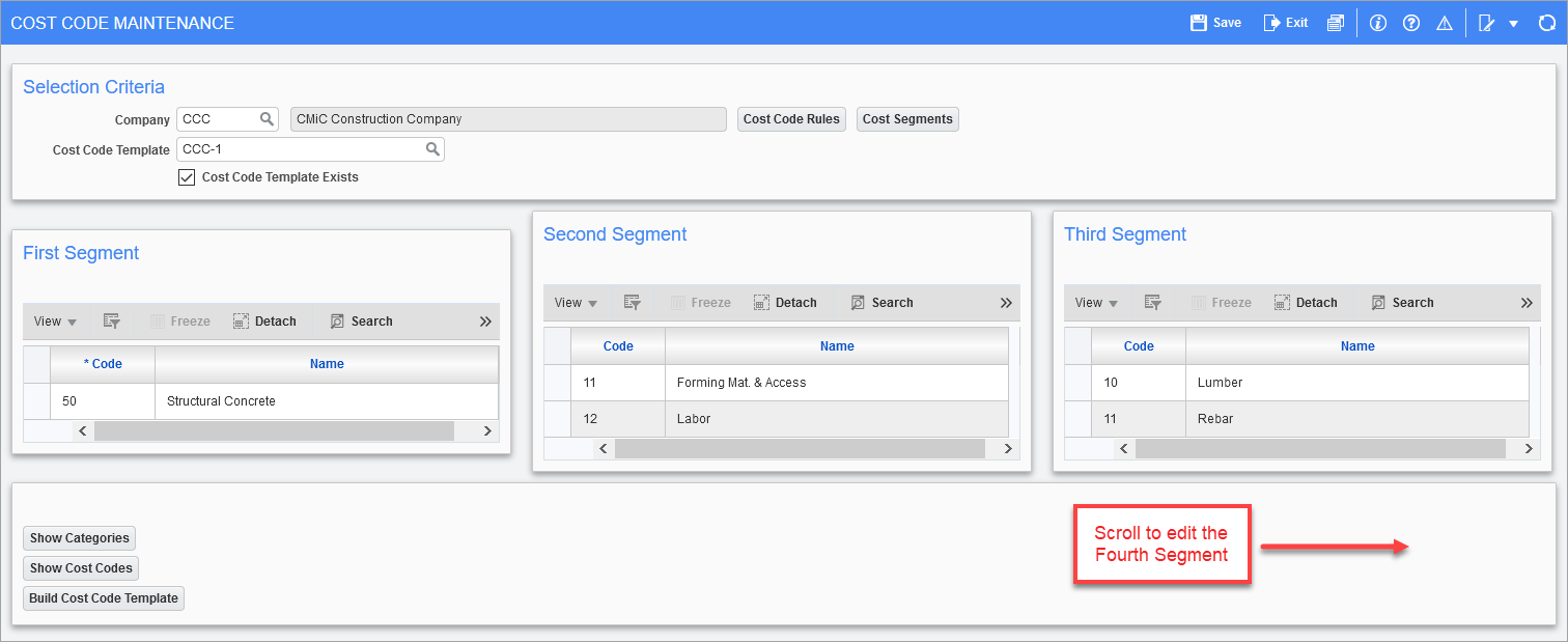 Sample of the First Segment to Fourth Segment sections on the Cost Code Maintenance screen