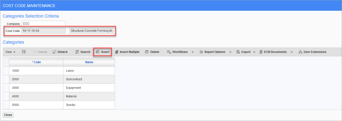 Sample of the Show Categories pop-up window