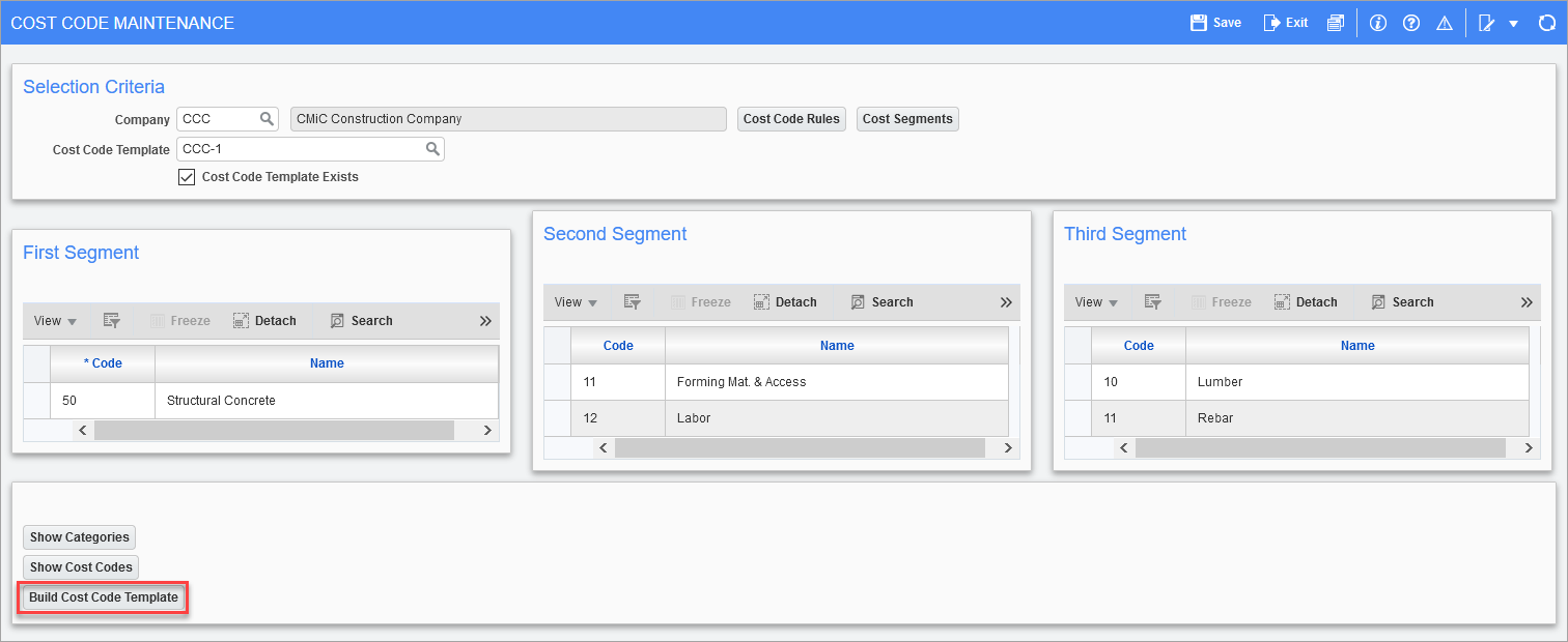 Sample of the [Build Cost Code Template] button on the Cost Code Maintenance screen