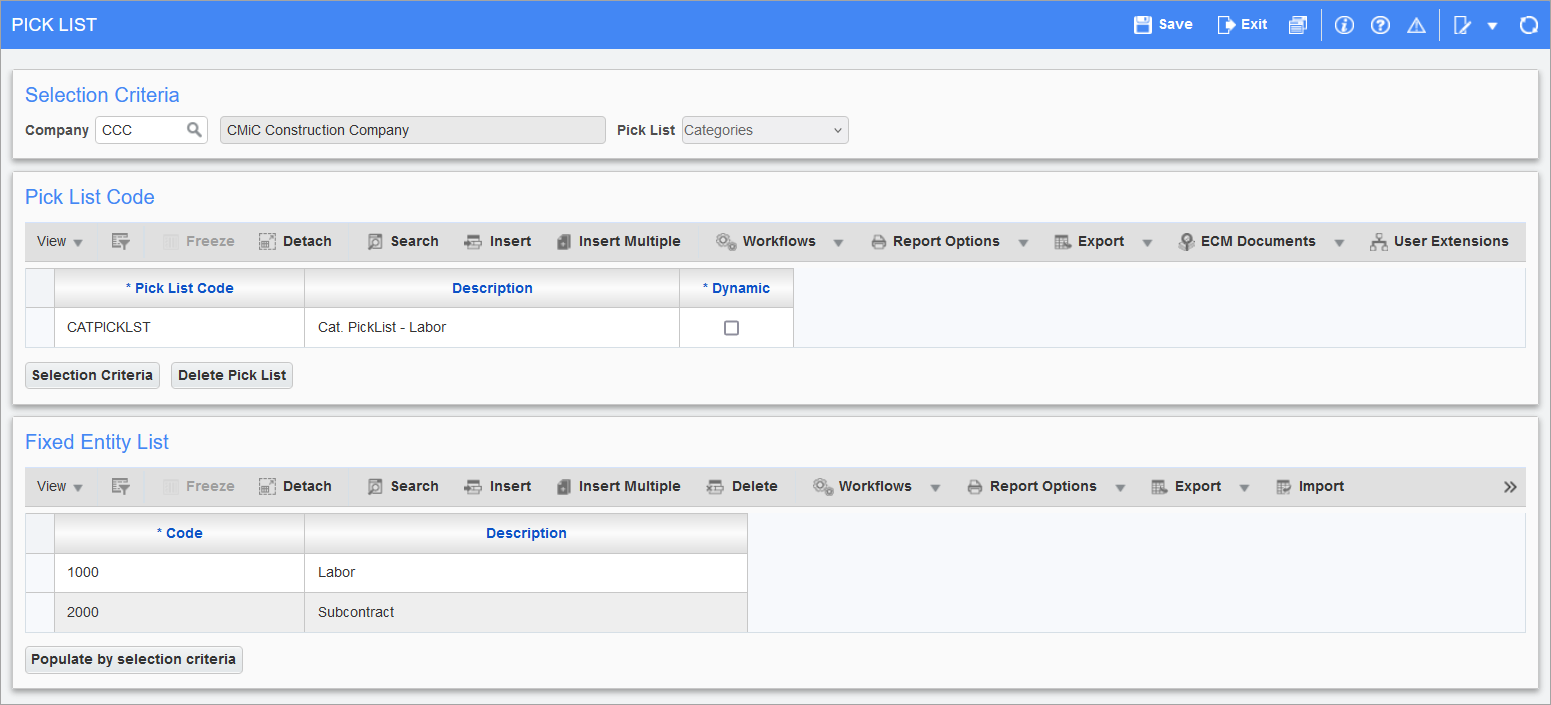 Sample of the Pick List screen