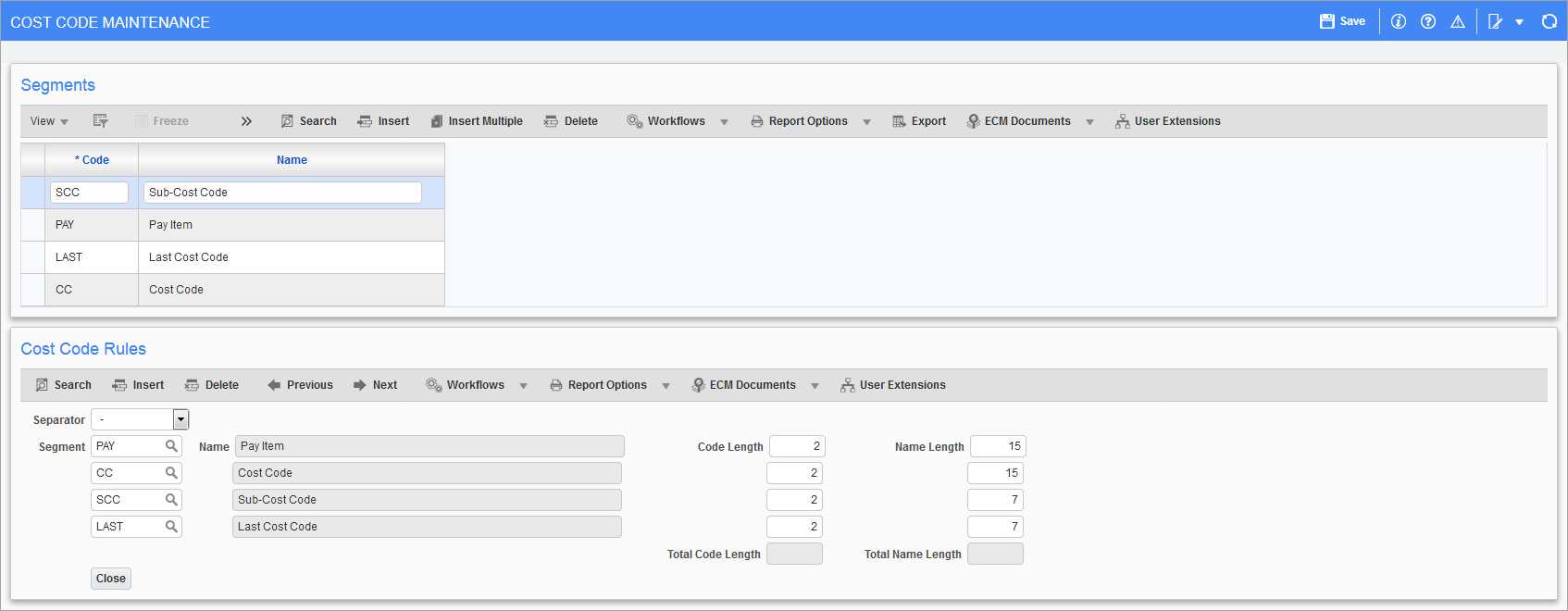 Sample of the Cost Code Rules pop-up window