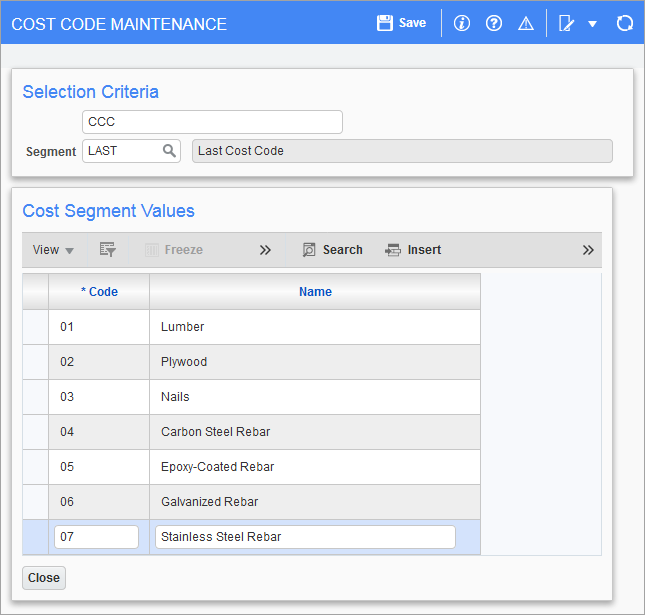 Sample of the Cost Segments pop-up window