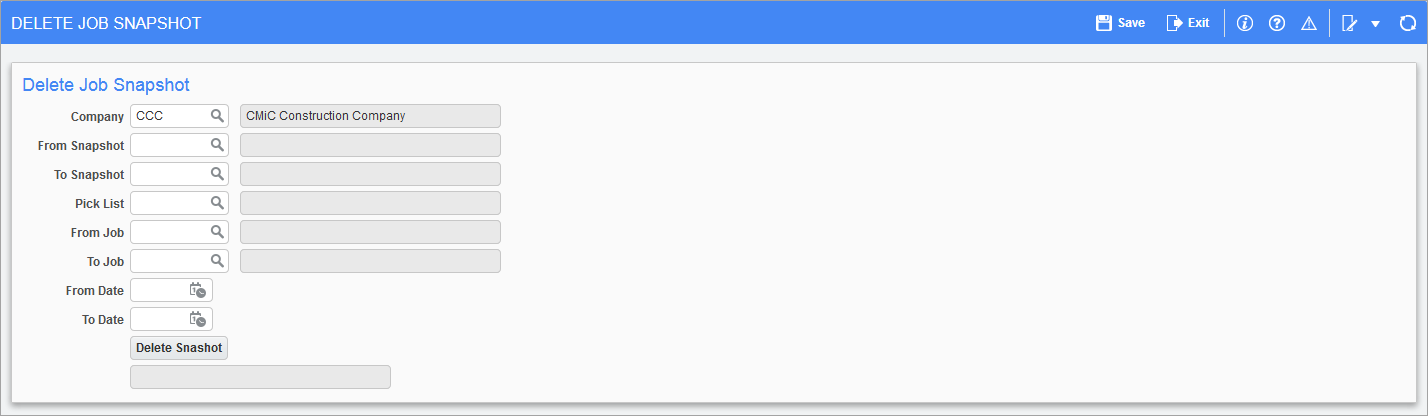 Delete Job Snapshot screen