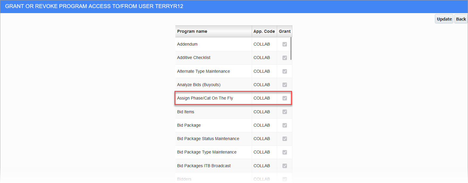 Example of the Assign Phase/Cat On The Fly User Access security