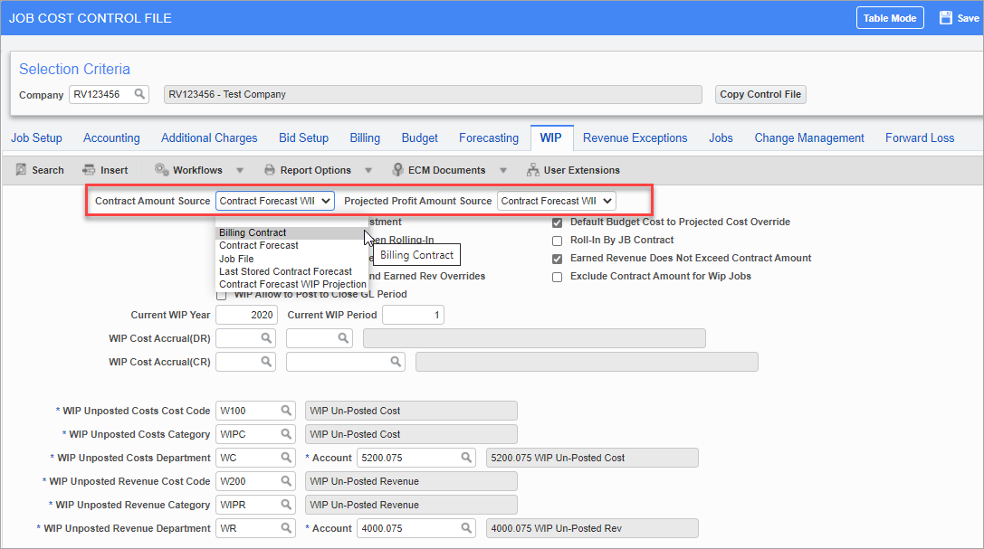 WIP Source fields highlighted on the WIP tab