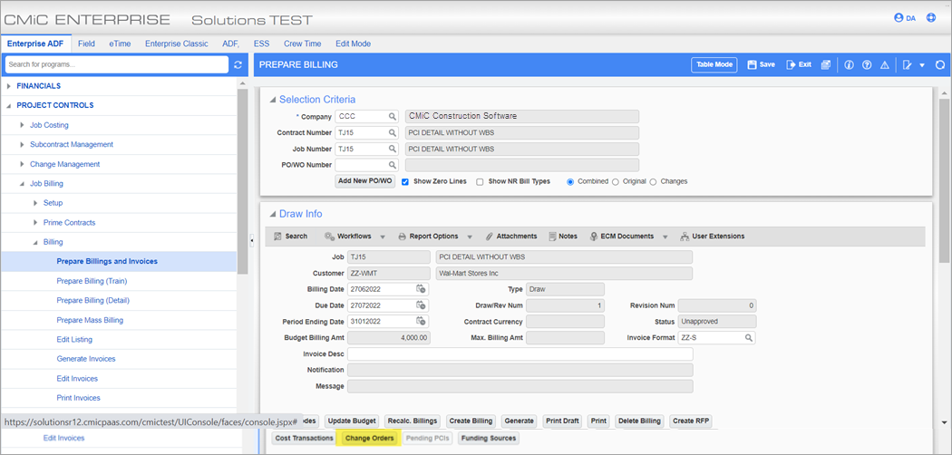 Sample of  the Prepare Billing screen
