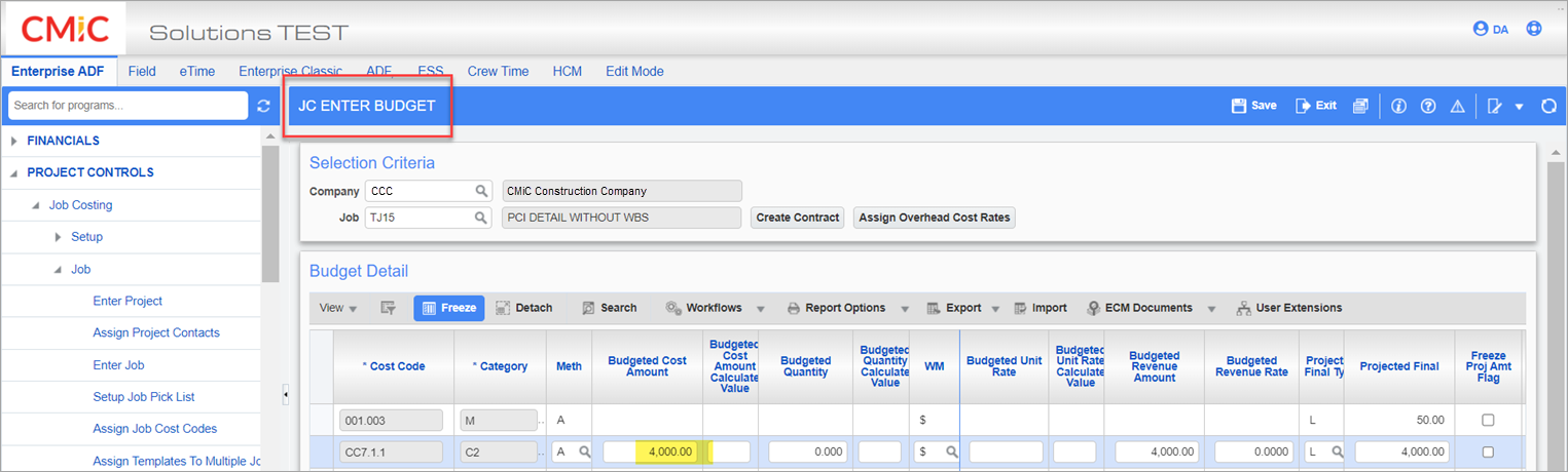 Sample of the Enter Budget screen in Job Costing