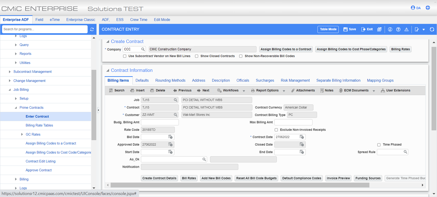 Sample of the Contract Entry screen
