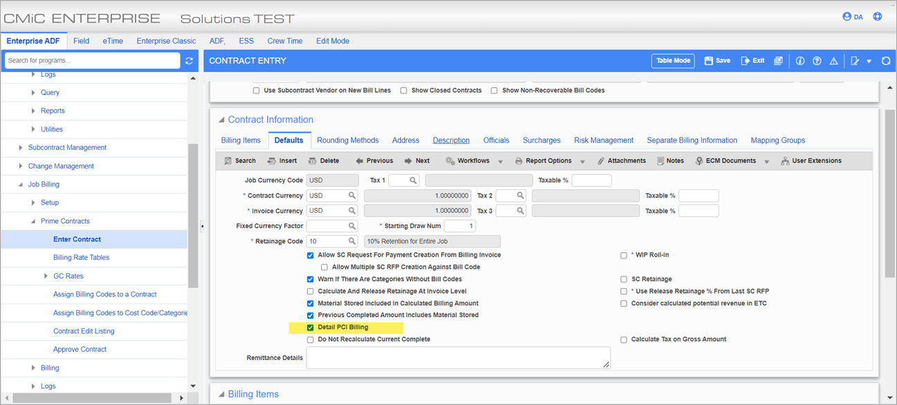 The Detail PCI Billing checkbox is checked on the Defaults tab of the Contract Entry screen