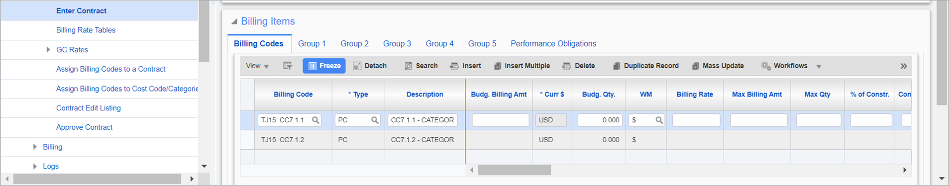 Sample of bill codes on the contract