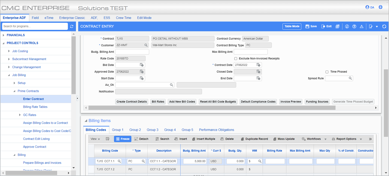 Sample of the Contract Entry screen