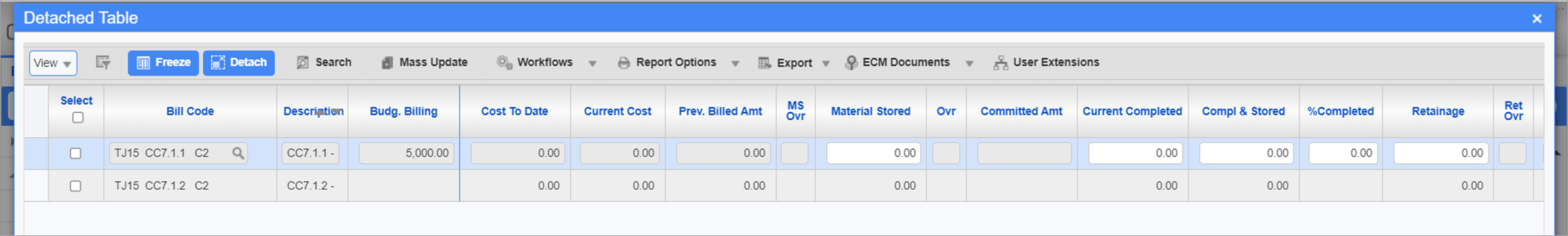 Sample of the bill codes on the billing draw