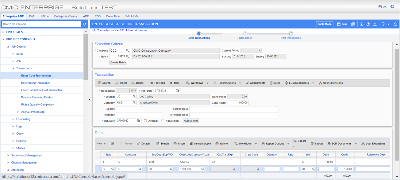 Sample of the Enter Cost or Billing Transaction screen