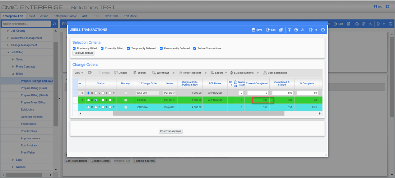 Sample of the Prepare Billing screen's Change Order pop-up window