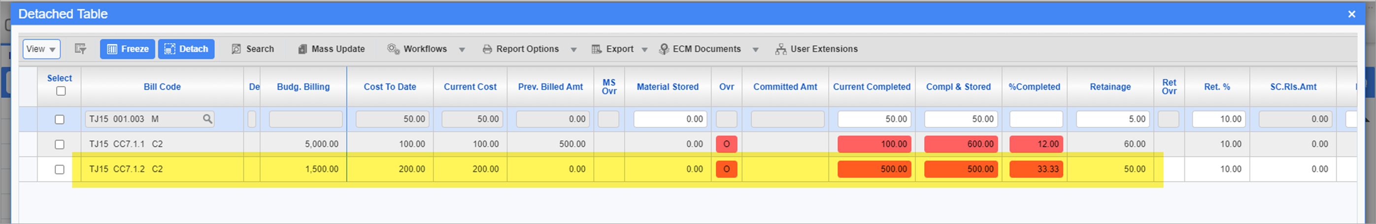 Sample of the bill code details