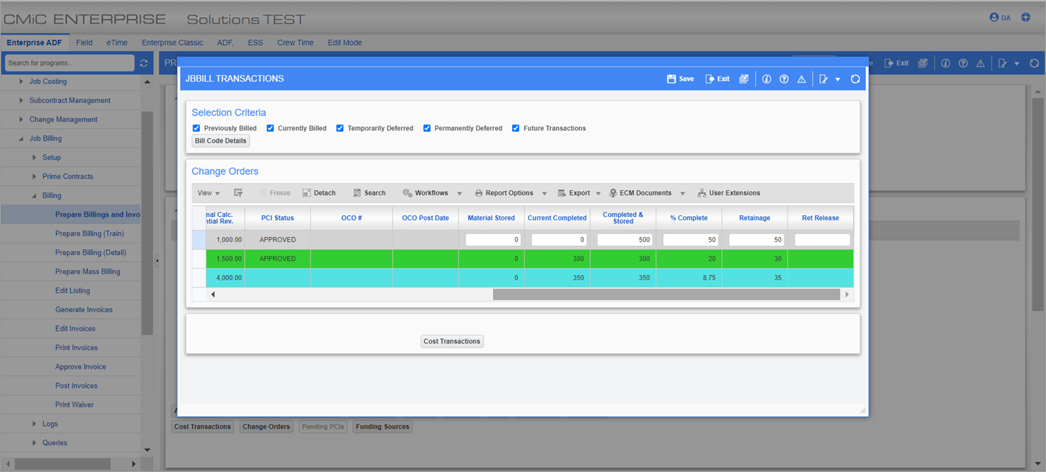Sample of the Change Order pop-up window on the Prepare Billing screen