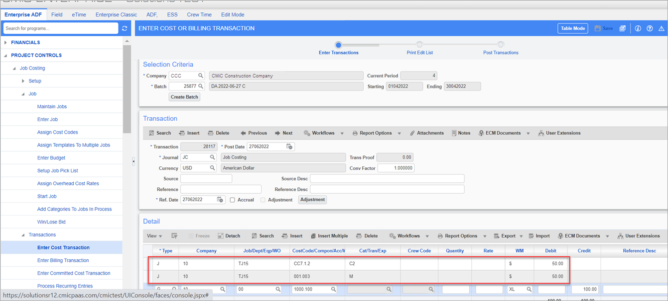 Sample of the Enter Cost or Billing Transaction screen