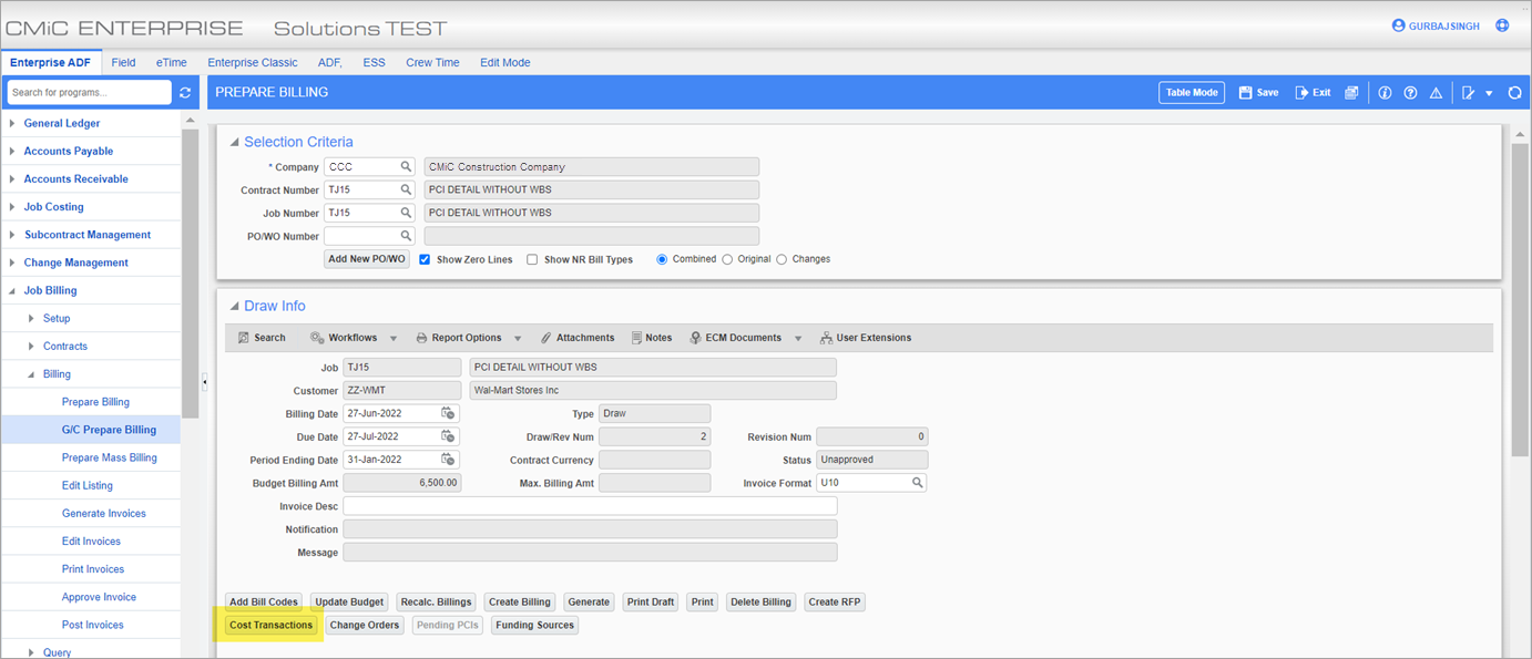 Sample of the Prepare Billing screen