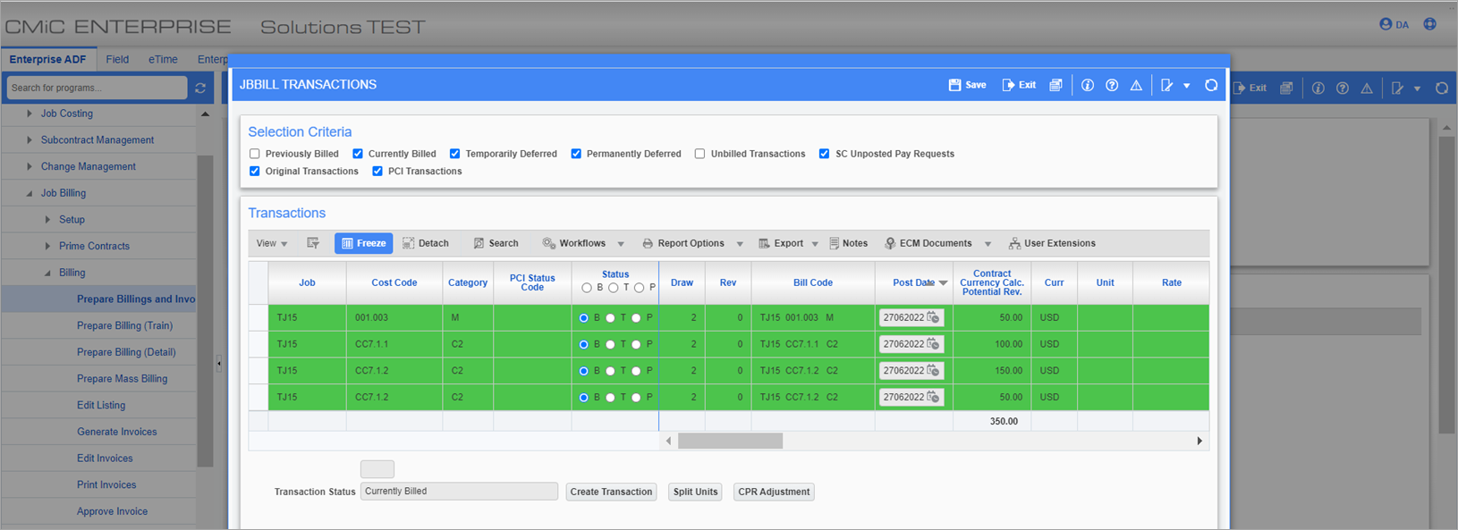 Sample of the Cost Transactions pop-up window