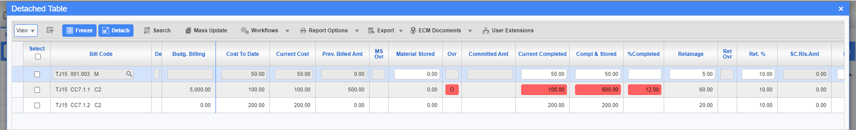 Sample of the bill codes table