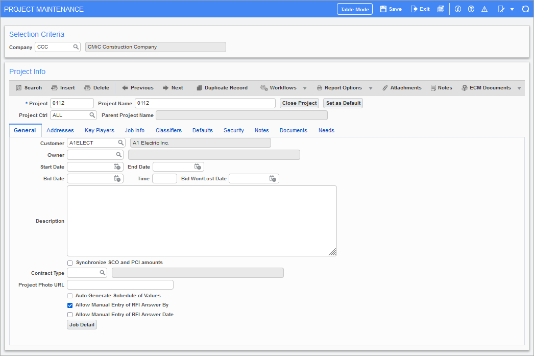 Sample of the Project Maintenance screen in Job Costing