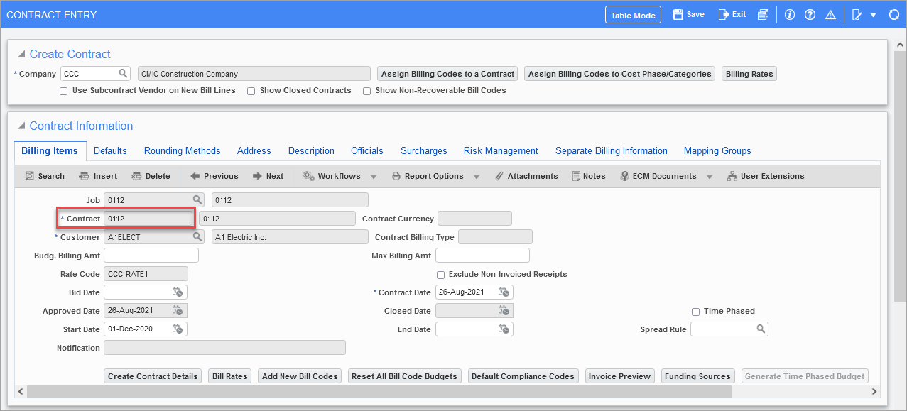 Example of the Contract Entry screen in Job Billing