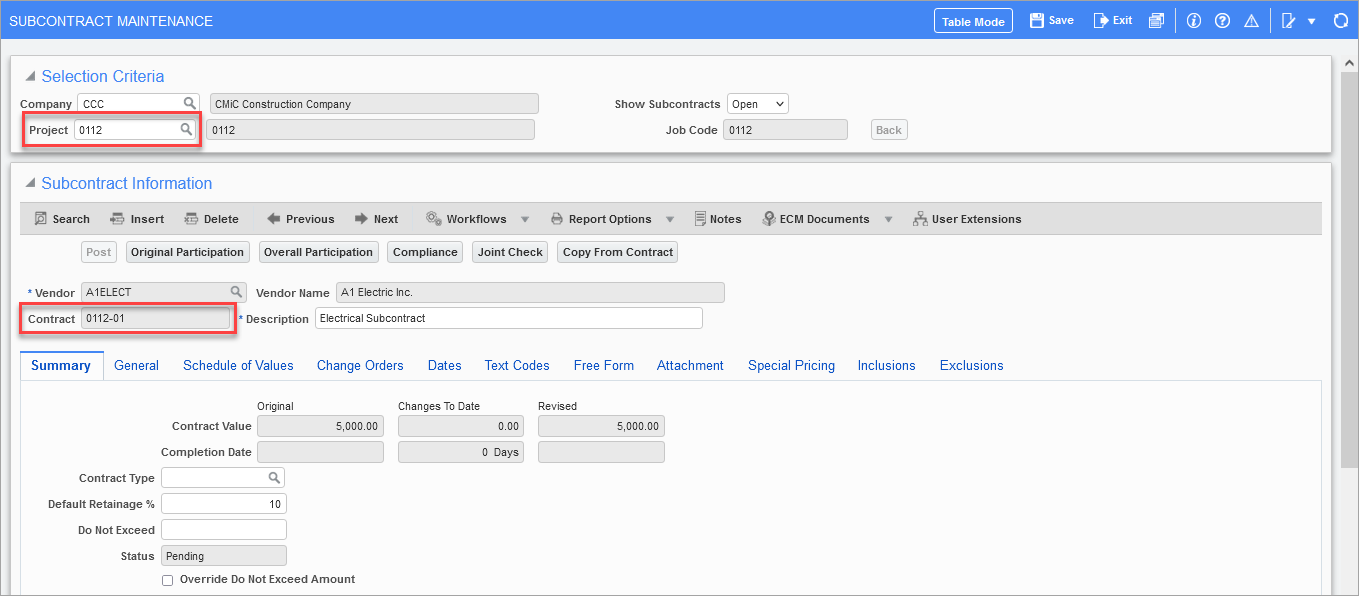 Example of the Subcontract Maintenance screen