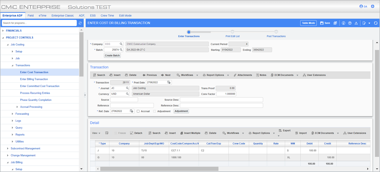 Sample of the Enter Cost or Billing Transaction screen