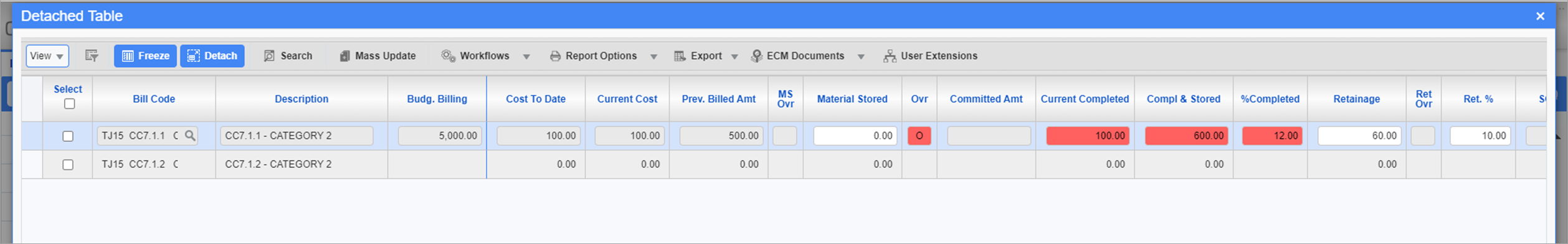 Sample of the bill codes table