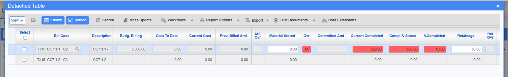 Sample of the Current Completed column recalculated on the Change Order pop-up window of the Prepare Billing screen