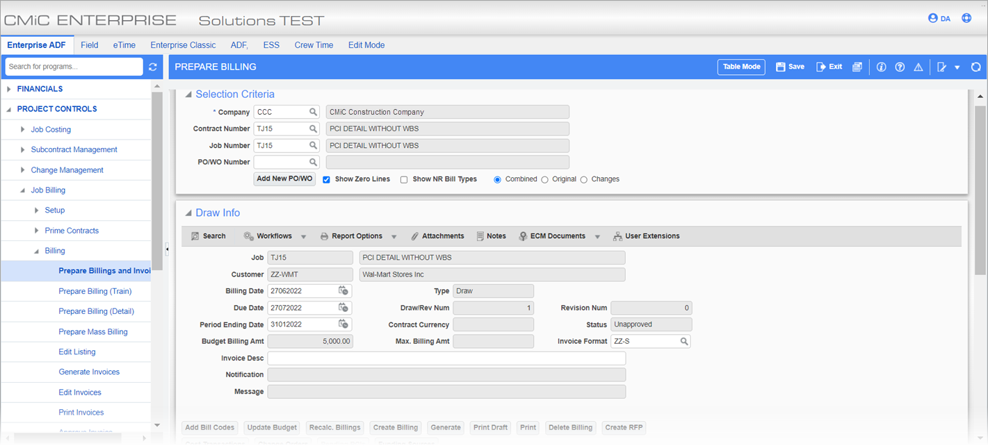 Sample of the Prepare Billing screen