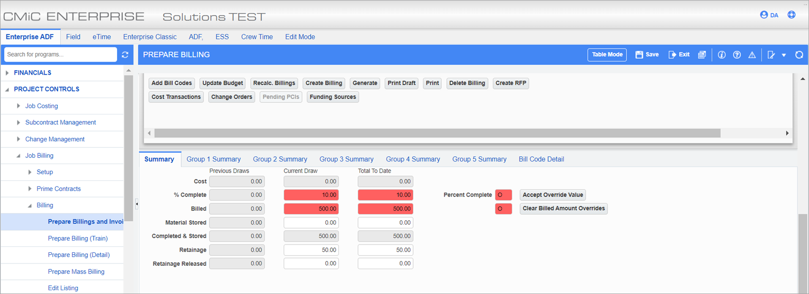 Sample of the Summary tab on the Prepare Billing screen
