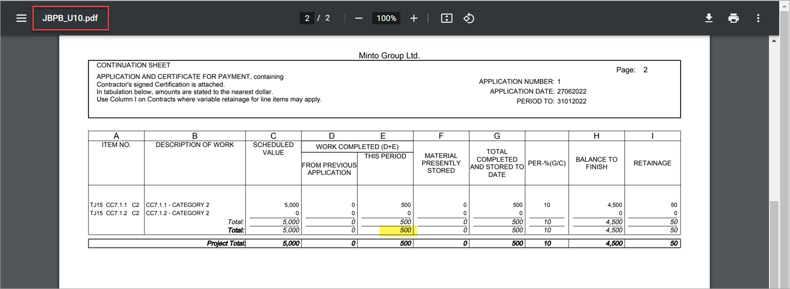 Sample of the JBPB_U10 invoice