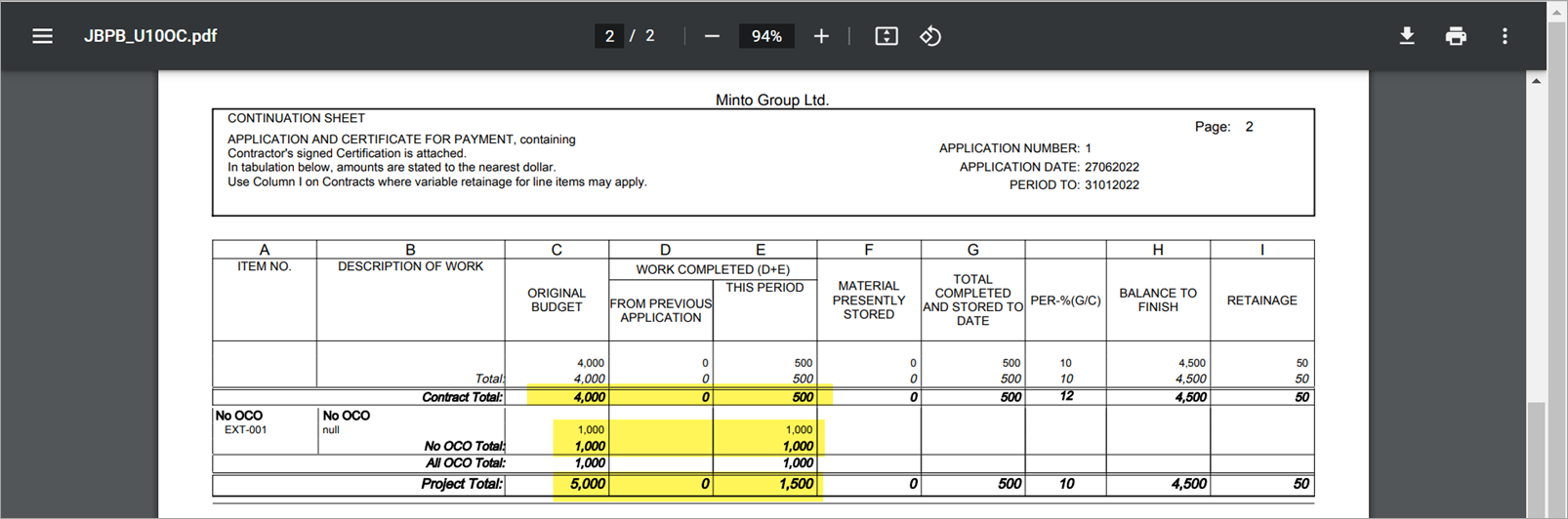 example of the JBPB_U10OC report
