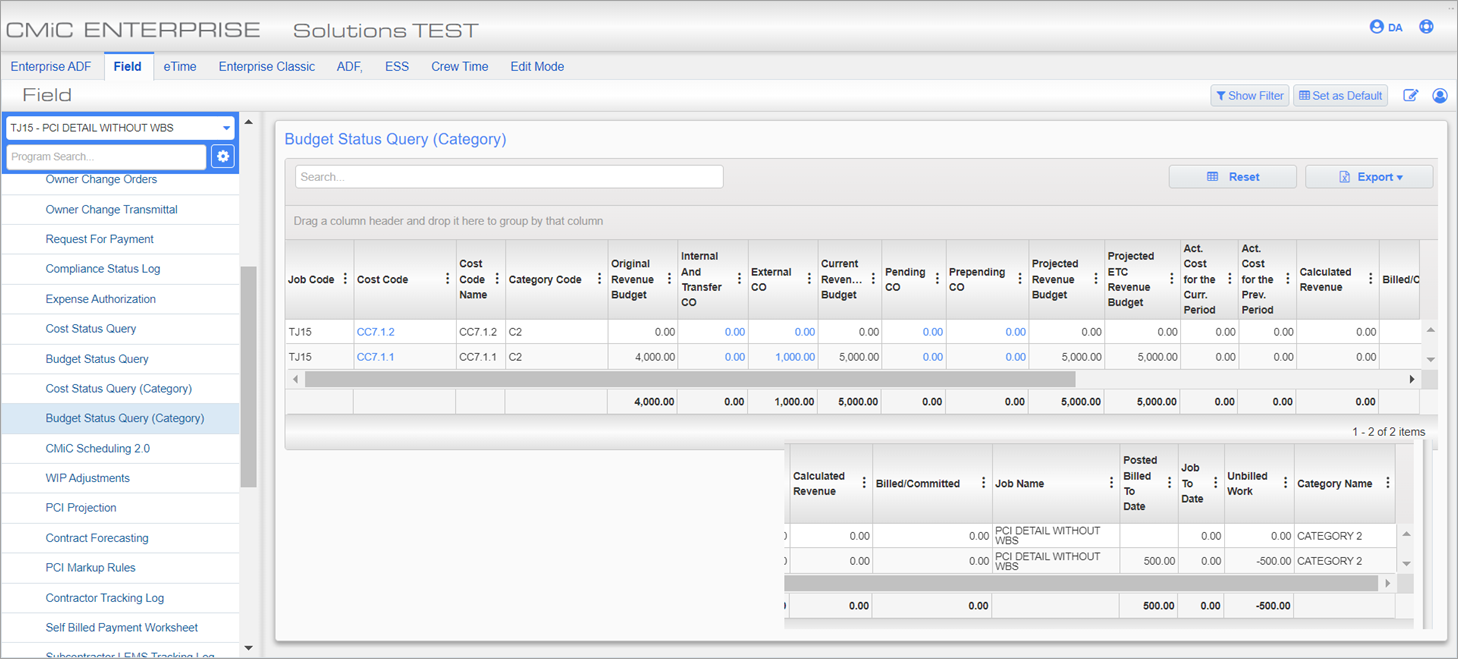 Sample of the Budget Status Query screen