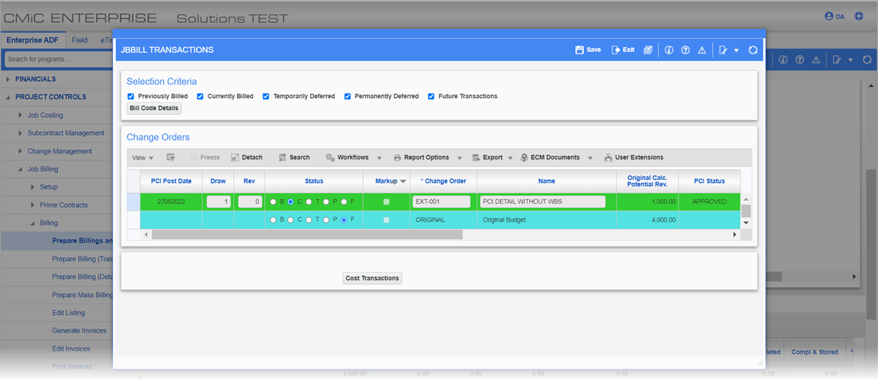 Sample of the Change Order pop-up window of the Prepare Billing screen