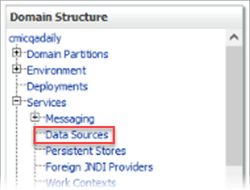 Weblogic console treeview showing the Data Sources menu item