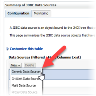 Summary of JDBC Data Sources screen