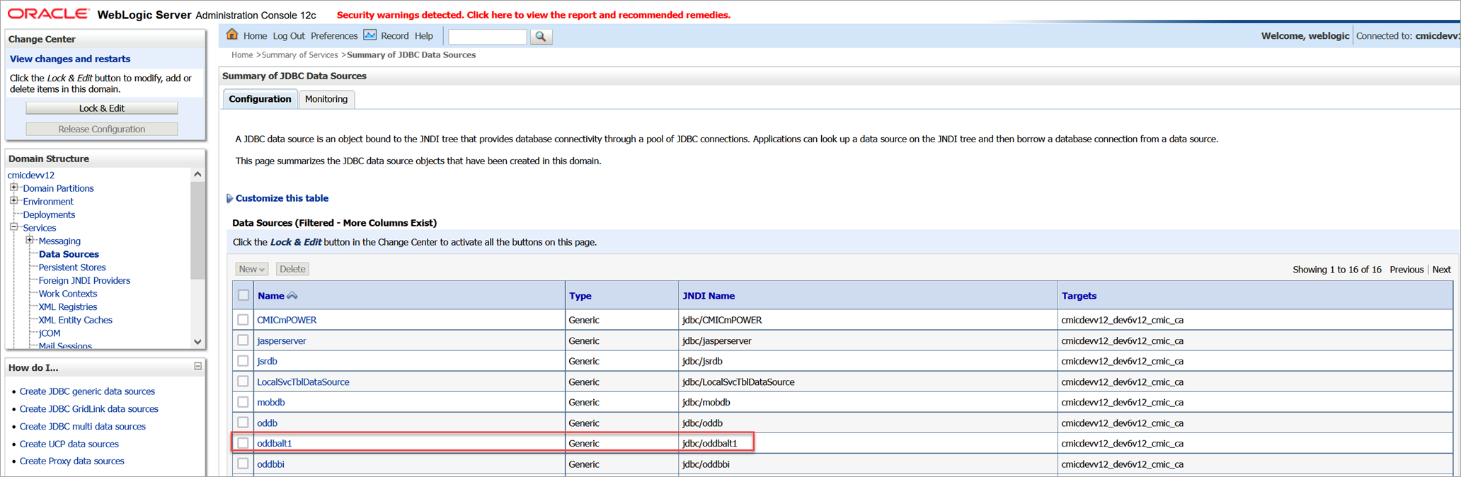 Example of the Data Sources table in the Weblogic Console