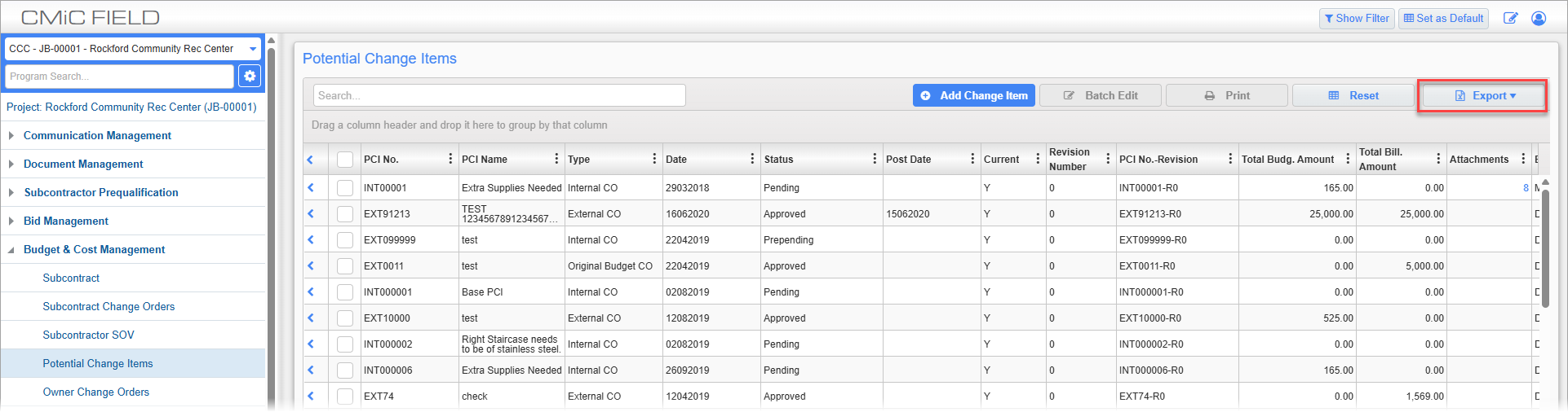 Screenshot of [Export] button with drop-down highlighted.