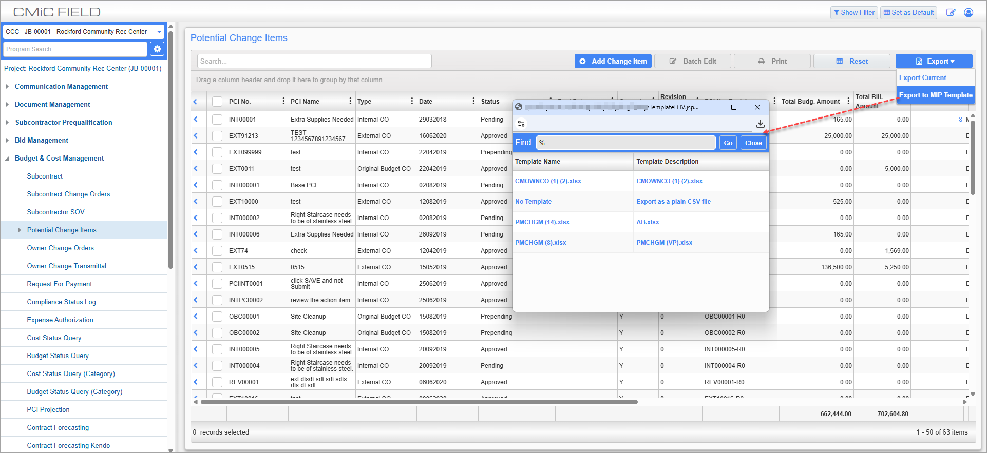 Screenshot of Template LOV pop-up.