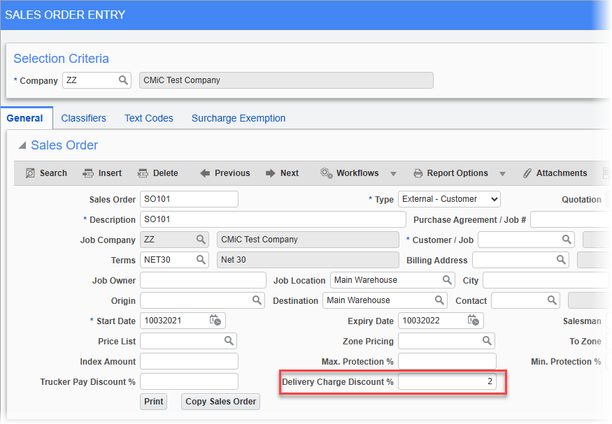 Screenshot of Sales Order Entry with field highlighted.