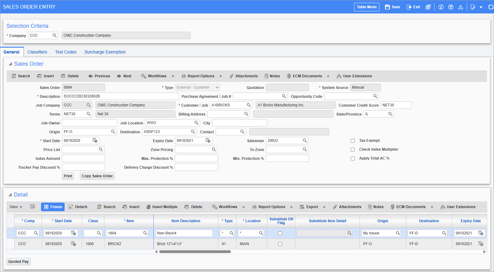 Screenshot of Sales Order Entry.